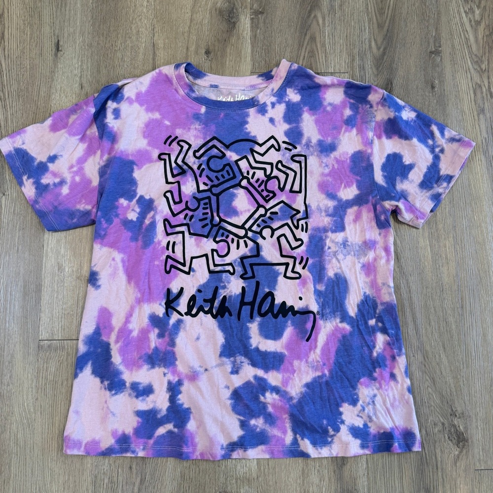 Keith Haring Graphic Tie Dye T-Shirt Unisex Medium Purple Blue Pop Art Cotton